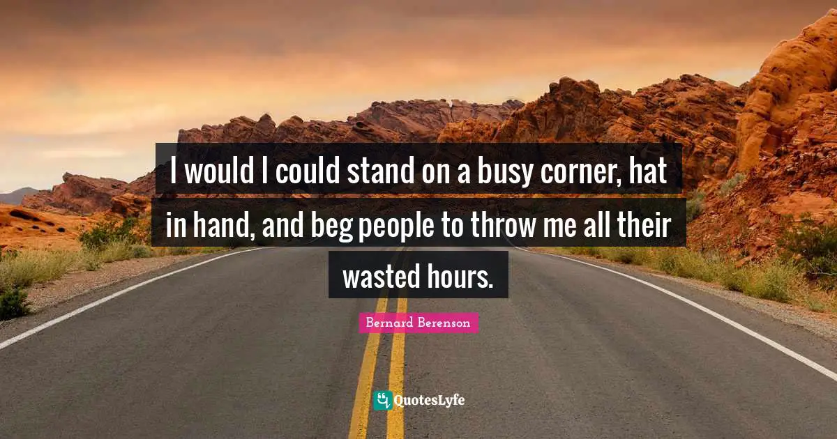 Bernard Berenson Quotes: "I would I could stand on a busy corner, hat in hand, and beg people to throw me all their wasted hours."