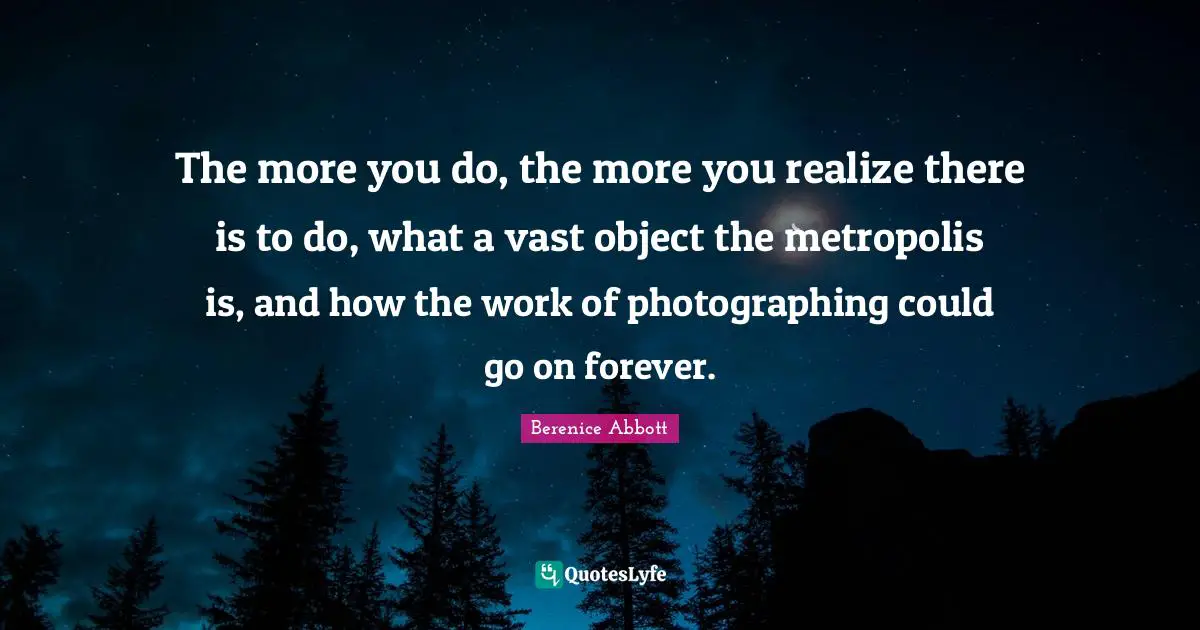 The more you do, the more you realize there is to do, what a vast object the metropolis is, and how the work of photographing could go on forever.