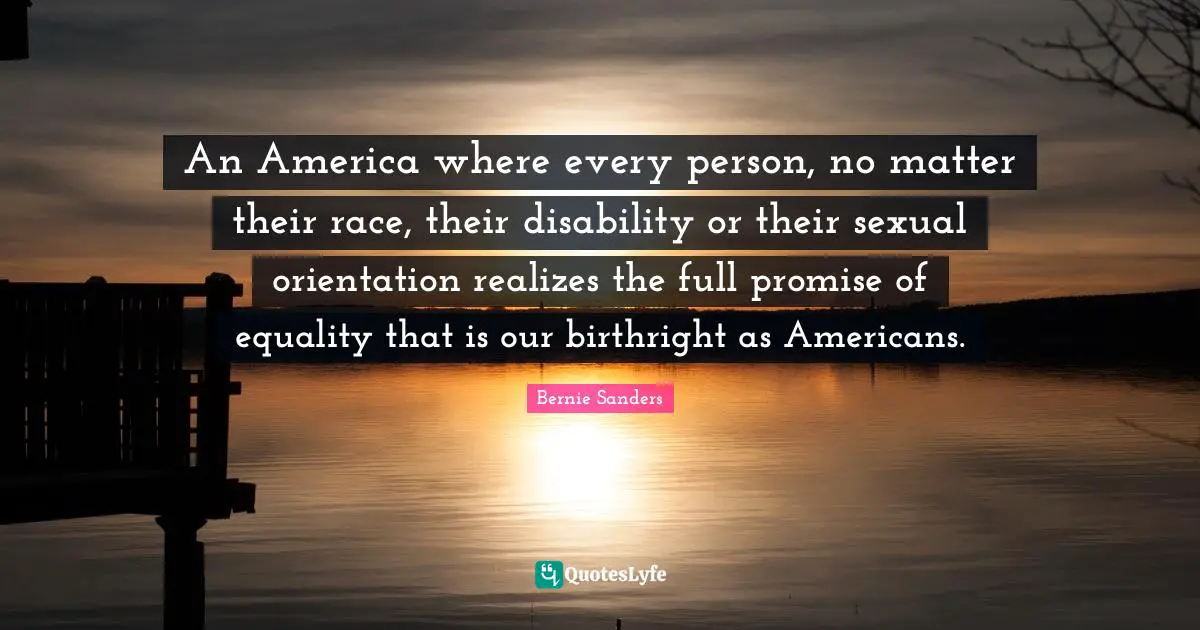 Bernie Sanders Quotes: An America where every person, no matter their race, their disability or their sexual orientation realizes the full promise of equality that is our birthright as Americans.
