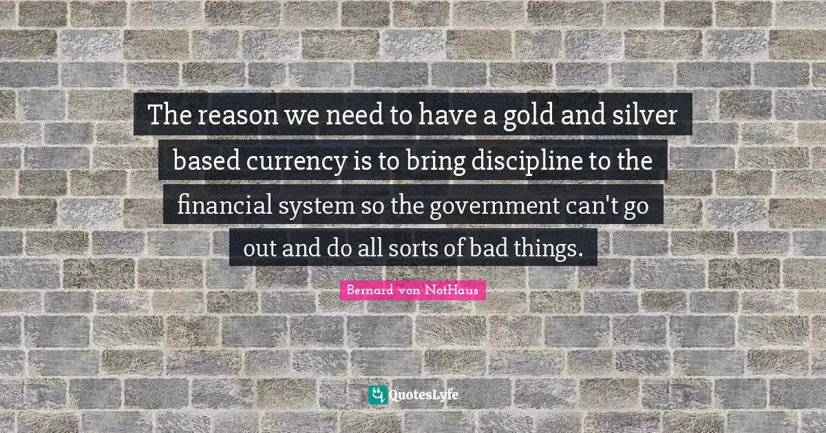 The reason we need to have a gold and silver based currency is to bring discipline to the financial system so the government can't go out and do all sorts of bad things.