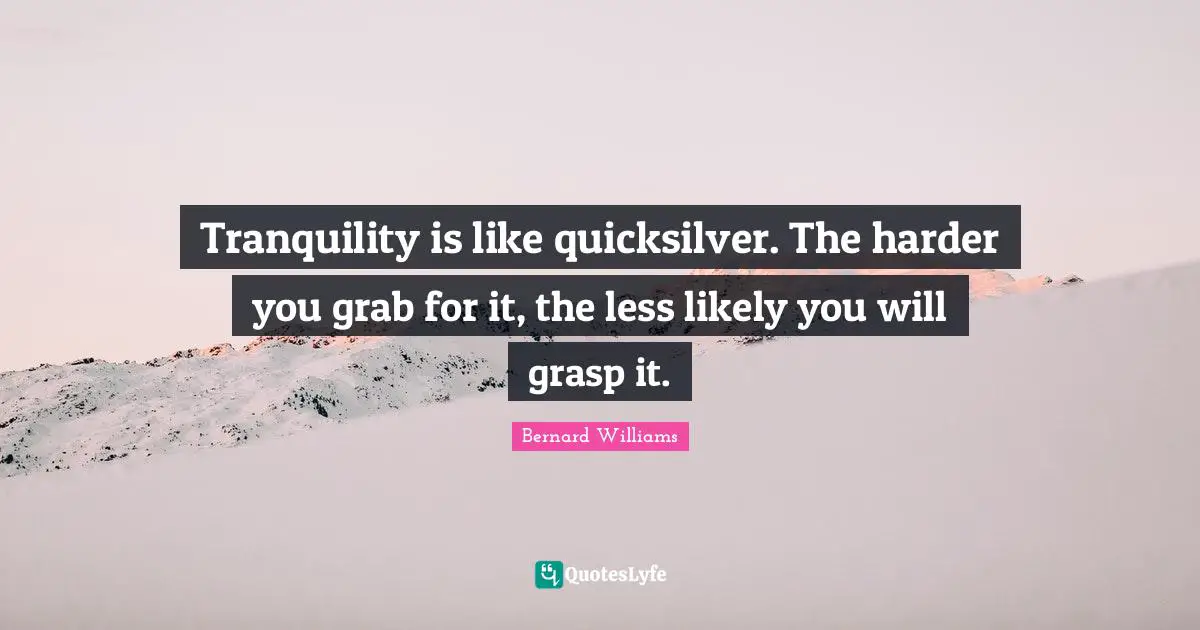 Bernard Williams Quotes: "Tranquility is like quicksilver. The harder you grab for it, the less likely you will grasp it."