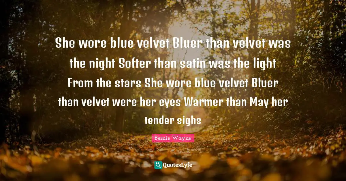 She wore blue velvet Bluer than velvet was the night Softer than satin was the light From the stars She wore blue velvet Bluer than velvet were her eyes Warmer than May her tender sighs