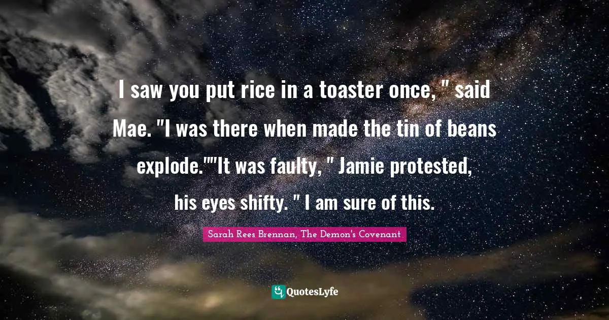 I saw you put rice in a toaster once, " said Mae. "I was there when made the tin of beans explode.""It was faulty, " Jamie protested, his eyes shifty. " I am sure of this.
