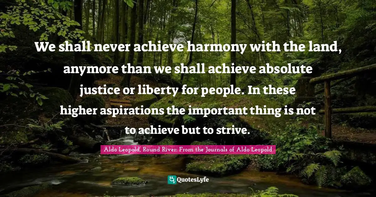 We shall never achieve harmony with the land, anymore than we shall achieve absolute justice or liberty for people. In these higher aspirations the important thing is not to achieve but to strive.