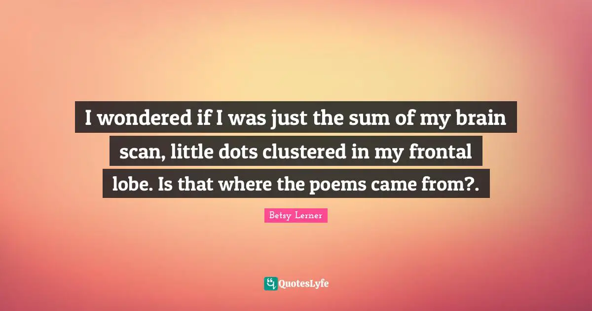 I wondered if I was just the sum of my brain scan, little dots clustered in my frontal lobe. Is that where the poems came from?.