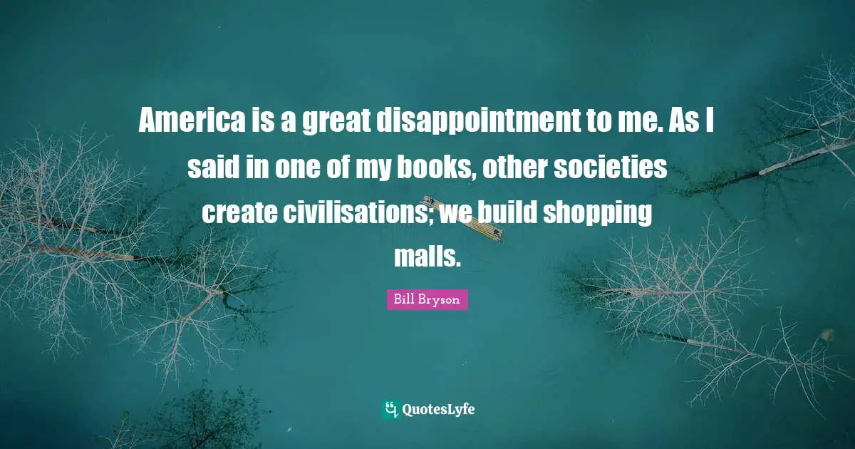 America is a great disappointment to me. As I said in one of my books, other societies create civilisations; we build shopping malls.