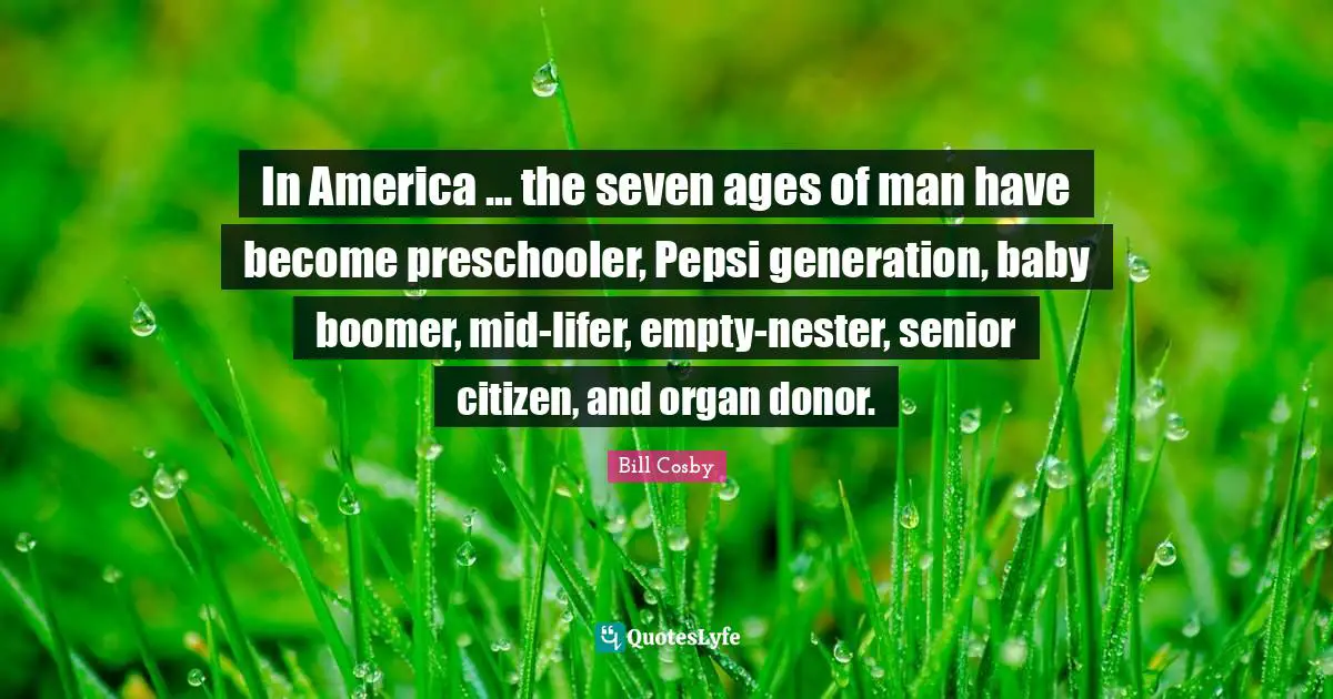 In America ... the seven ages of man have become preschooler, Pepsi generation, baby boomer, mid-lifer, empty-nester, senior citizen, and organ donor.