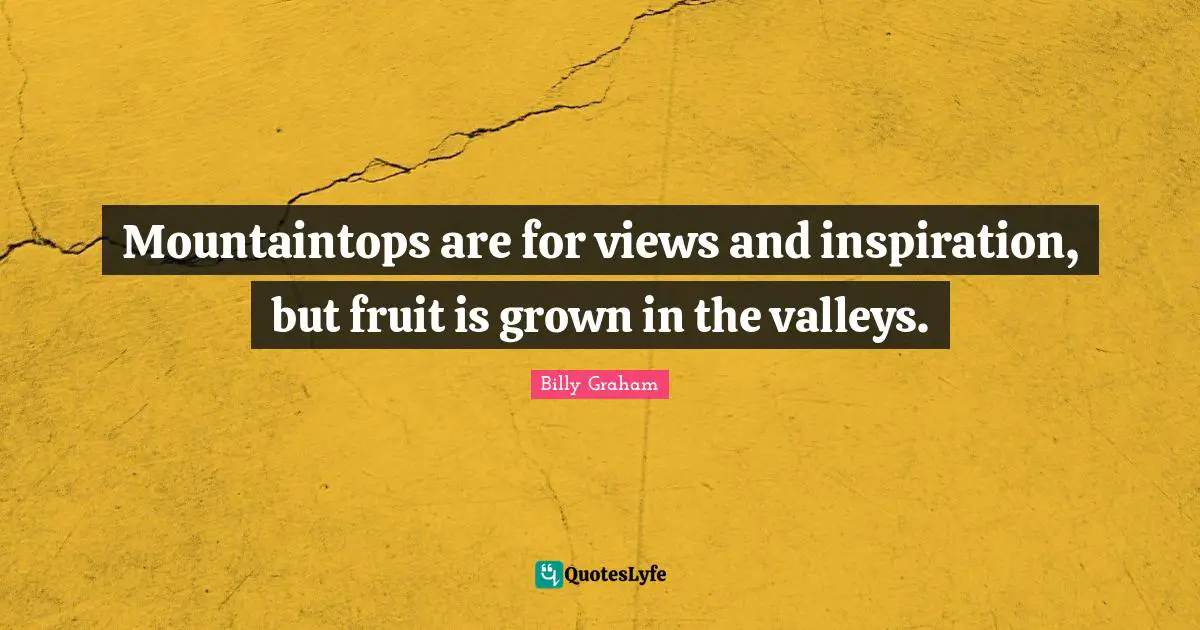 Billy Graham Quotes: Mountaintops are for views and inspiration, but fruit is grown in the valleys.