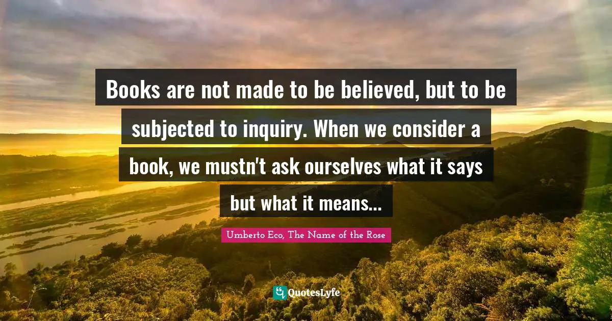 Books are not made to be believed, but to be subjected to inquiry. When we consider a book, we mustn't ask ourselves what it says but what it means...