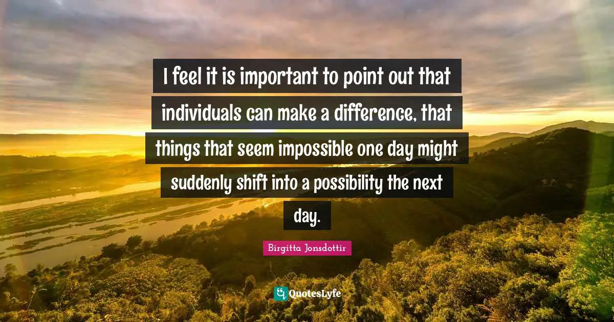 I feel it is important to point out that individuals can make a difference, that things that seem impossible one day might suddenly shift into a possibility the next day.