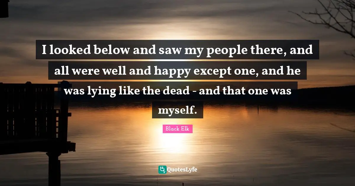 Black Elk Quotes: "I looked below and saw my people there, and all were well and happy except one, and he was lying like the dead - and that one was myself."