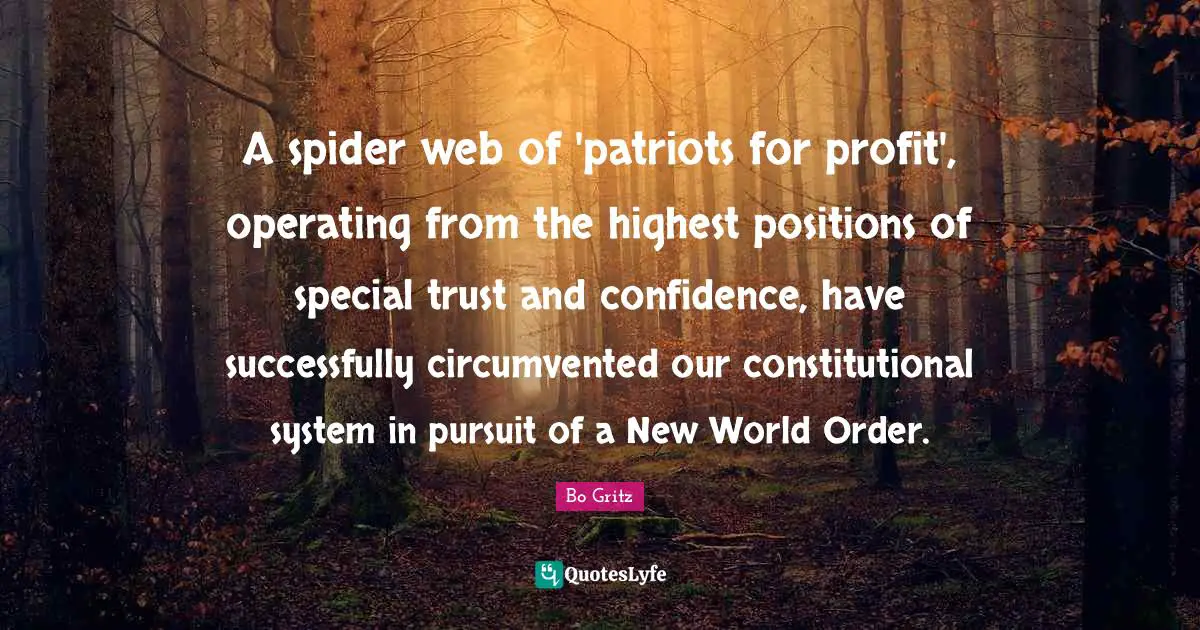 New World Order Quotes: "A spider web of 'patriots for profit', operating from the highest positions of special trust and confidence, have successfully circumvented our constitutional system in pursuit of a New World Order."