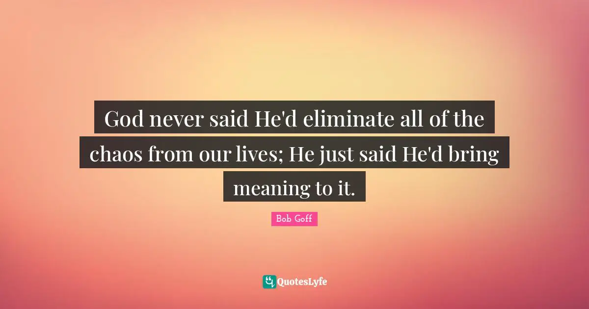 Bob Goff Quotes: God never said He'd eliminate all of the chaos from our lives; He just said He'd bring meaning to it.