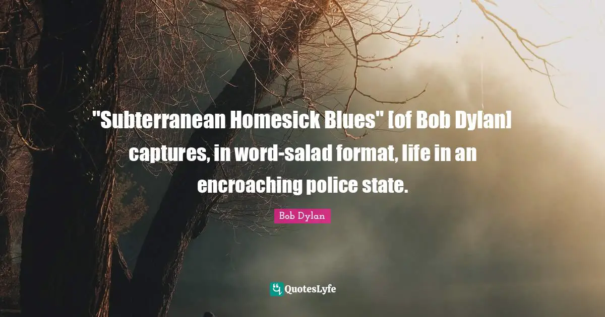 "Subterranean Homesick Blues" [of Bob Dylan] captures, in word-salad format, life in an encroaching police state.