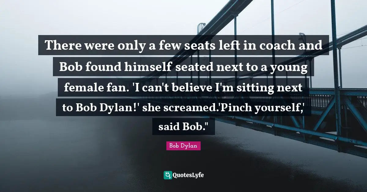 There were only a few seats left in coach and Bob found himself seated next to a young female fan. 'I can't believe I'm sitting next to Bob Dylan!' she screamed.'Pinch yourself,' said Bob."