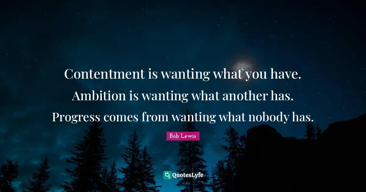 Contentment is wanting what you have. Ambition is wanting what another has. Progress comes from wanting what nobody has.