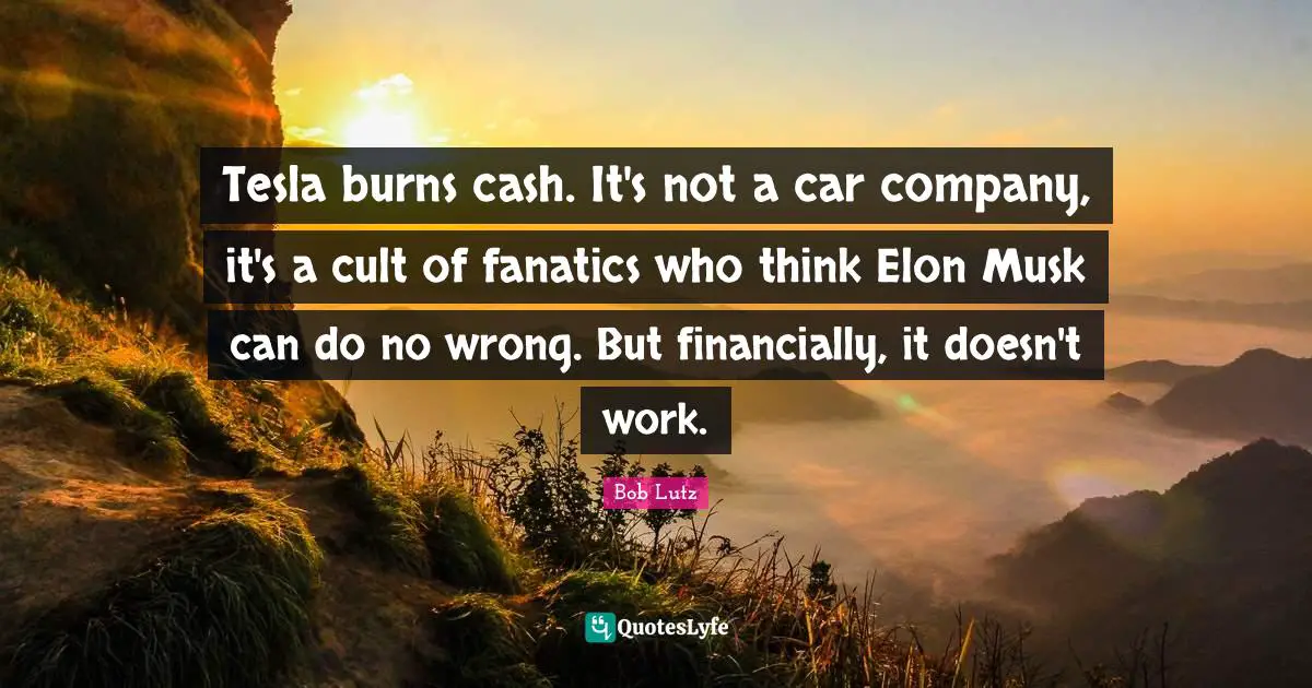 Musk Quotes: "Tesla burns cash. It's not a car company, it's a cult of fanatics who think Elon Musk can do no wrong. But financially, it doesn't work."
