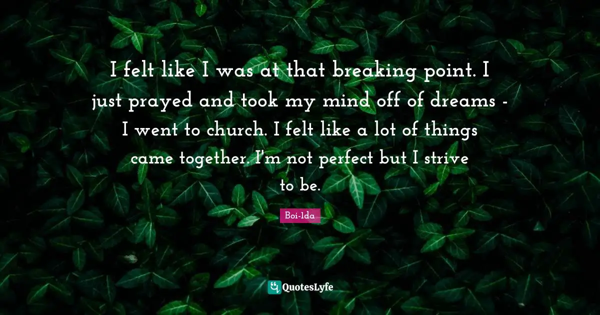 I felt like I was at that breaking point. I just prayed and took my mind off of dreams - I went to church. I felt like a lot of things came together. I'm not perfect but I strive to be.