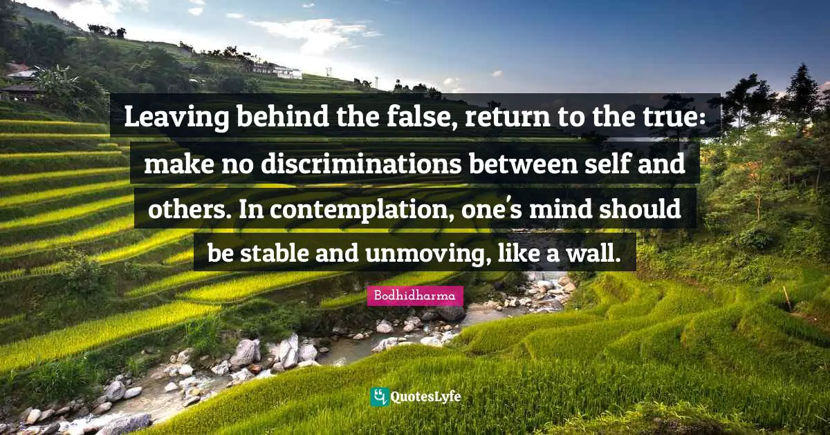 Bodhidharma Quotes: "Leaving behind the false, return to the true: make no discriminations between self and others. In contemplation, one's mind should be stable and unmoving, like a wall."