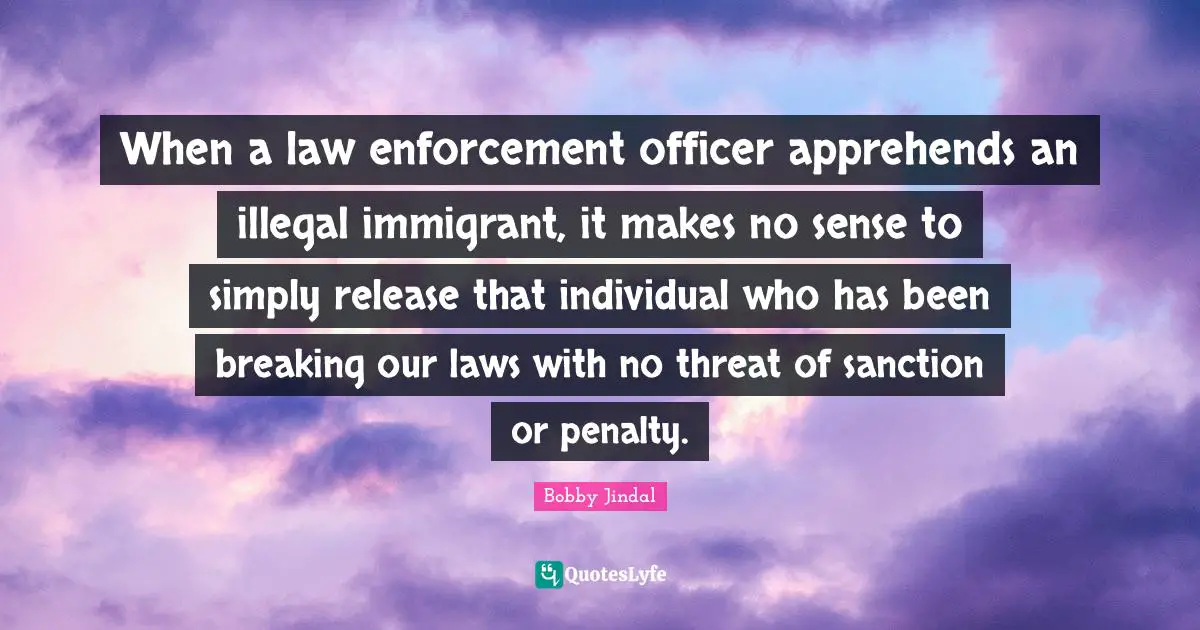 Bobby Jindal Quotes: When a law enforcement officer apprehends an illegal immigrant, it makes no sense to simply release that individual who has been breaking our laws with no threat of sanction or penalty.