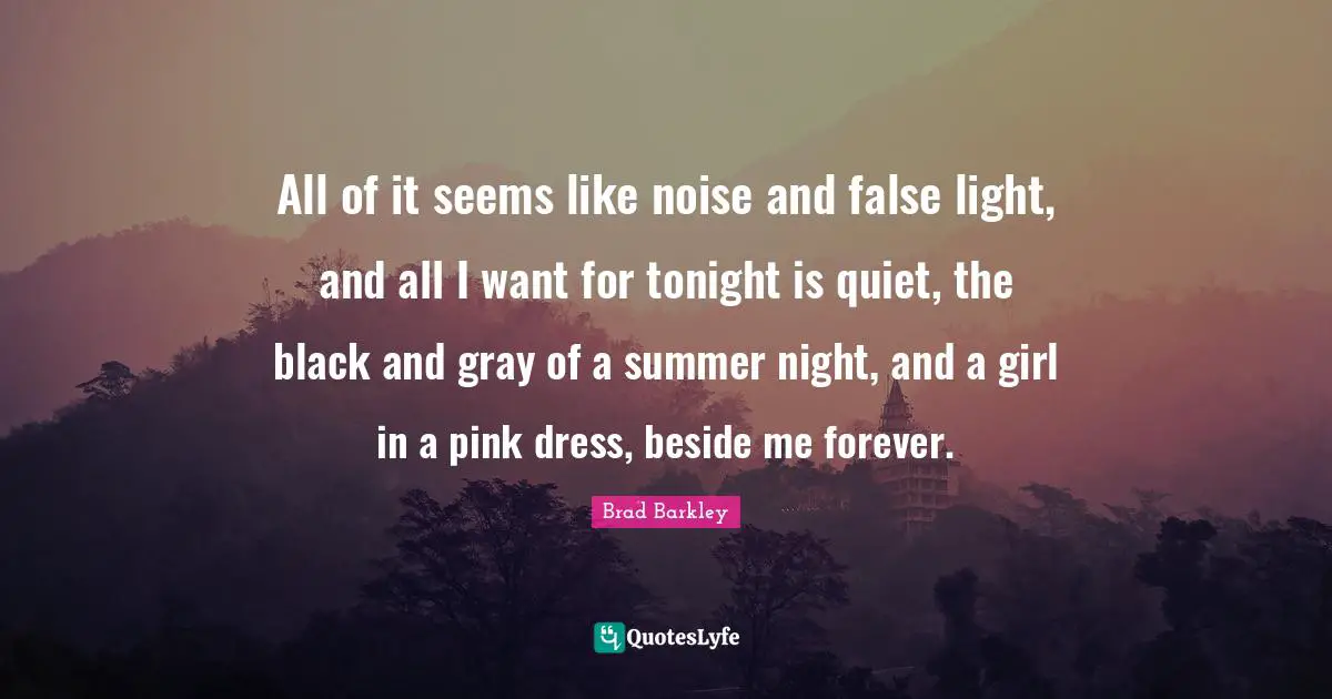 All of it seems like noise and false light, and all I want for tonight is quiet, the black and gray of a summer night, and a girl in a pink dress, beside me forever.