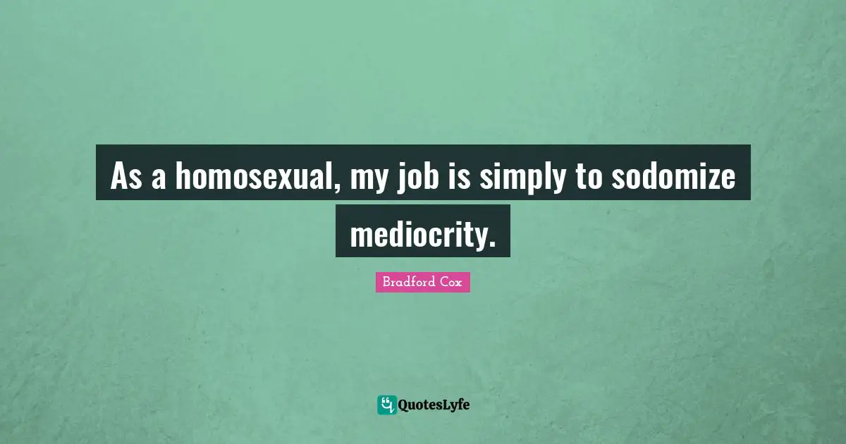 As a homosexual, my job is simply to sodomize mediocrity.