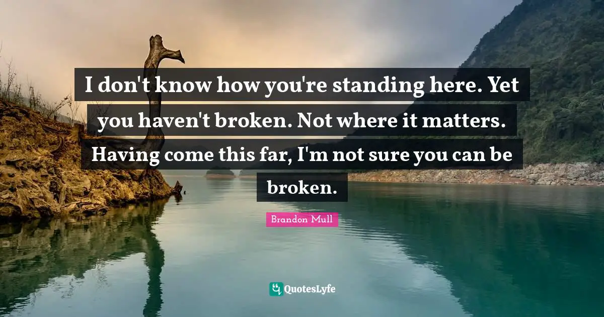 I don't know how you're standing here. Yet you haven't broken. Not where it matters. Having come this far, I'm not sure you can be broken.