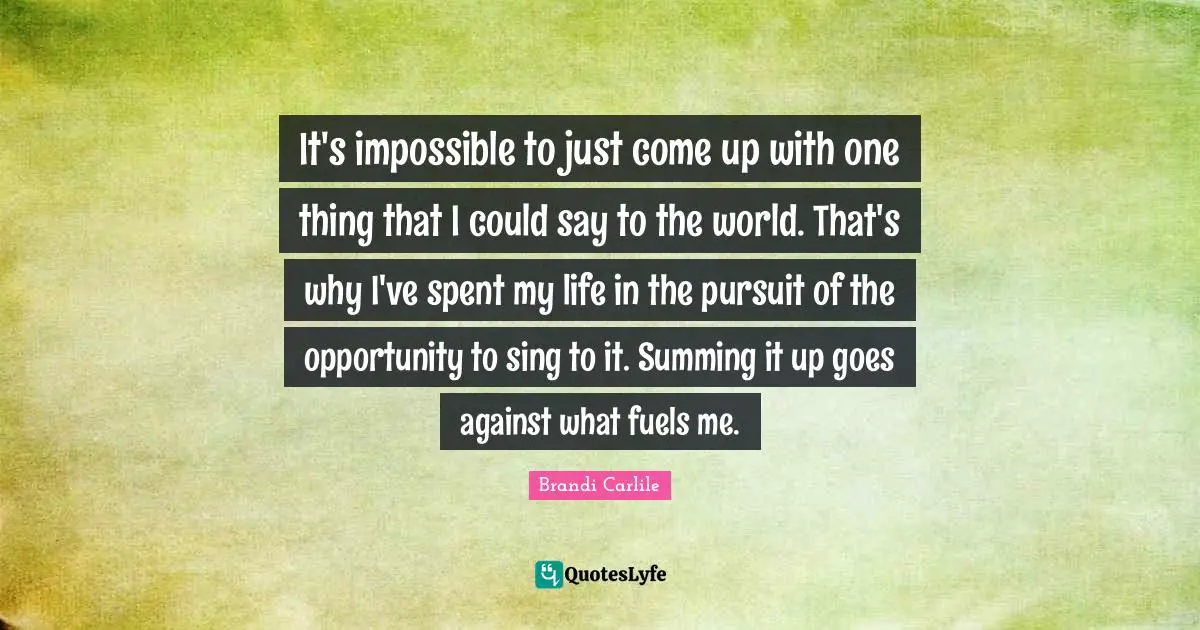 It's impossible to just come up with one thing that I could say to the world. That's why I've spent my life in the pursuit of the opportunity to sing to it. Summing it up goes against what fuels me.