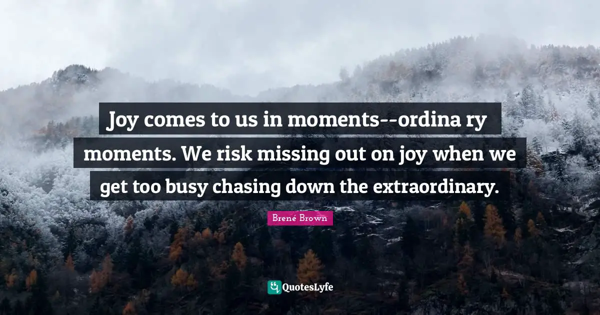 Joy comes to us in moments--ordina ry moments. We risk missing out on joy when we get too busy chasing down the extraordinary.