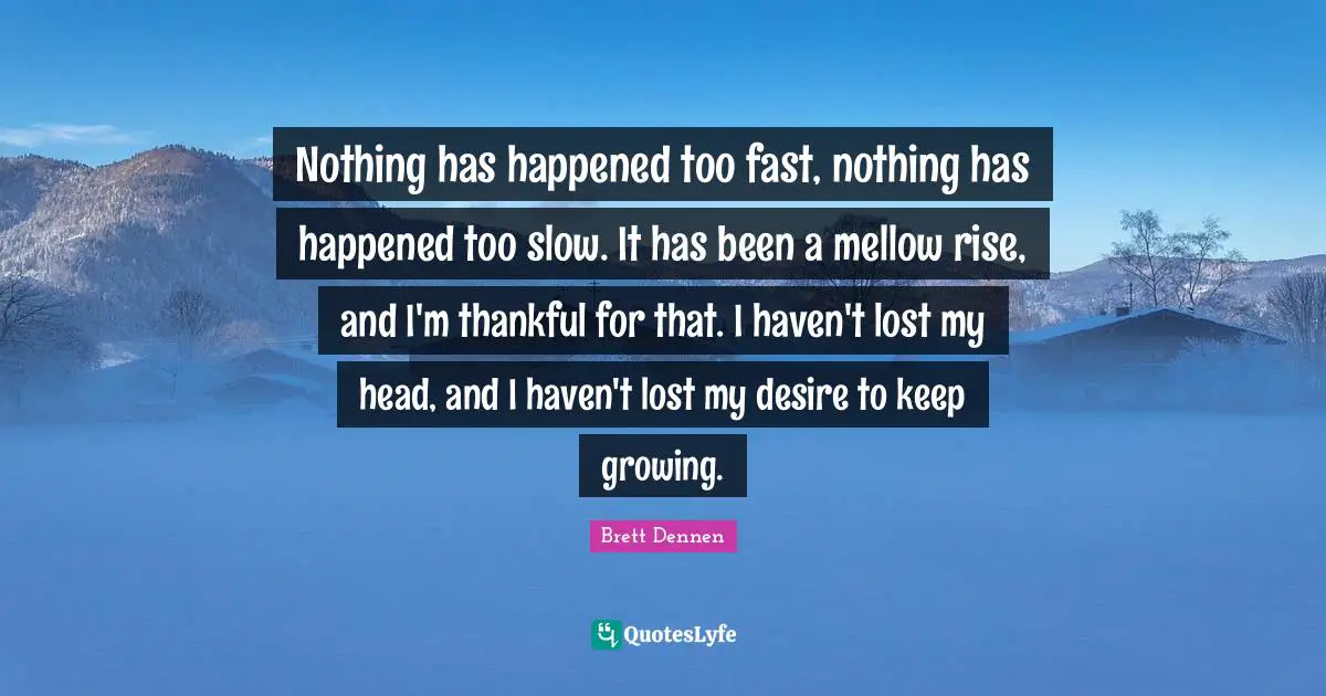 Brett Dennen Quotes: "Nothing has happened too fast, nothing has happened too slow. It has been a mellow rise, and I'm thankful for that. I haven't lost my head, and I haven't lost my desire to keep growing."