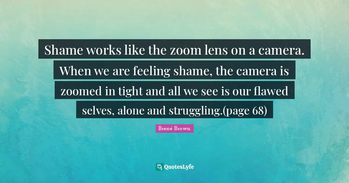 Shame works like the zoom lens on a camera. When we are feeling shame, the camera is zoomed in tight and all we see is our flawed selves, alone and struggling.(page 68)