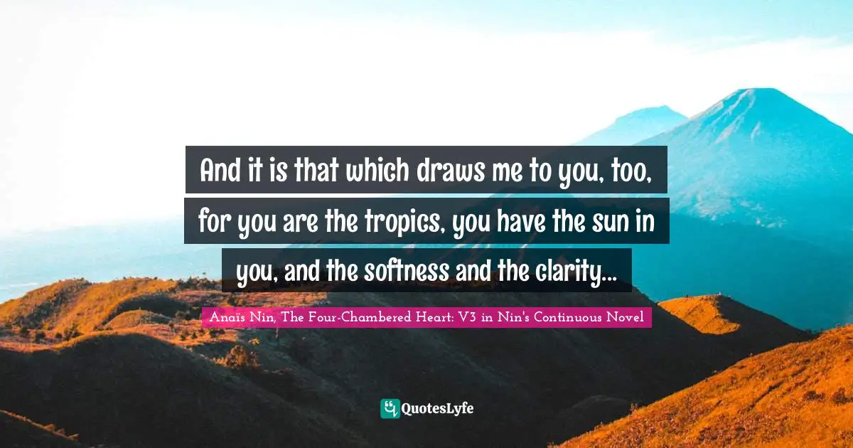 And it is that which draws me to you, too, for you are the tropics, you have the sun in you, and the softness and the clarity...