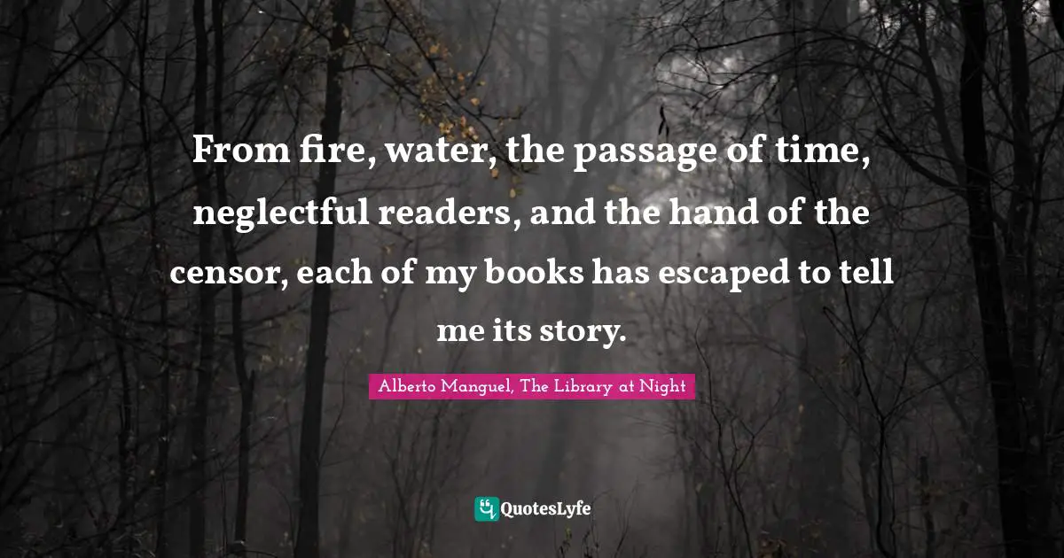 Alberto Manguel, The Library At Night Quotes: "From fire, water, the passage of time, neglectful readers, and the hand of the censor, each of my books has escaped to tell me its story."