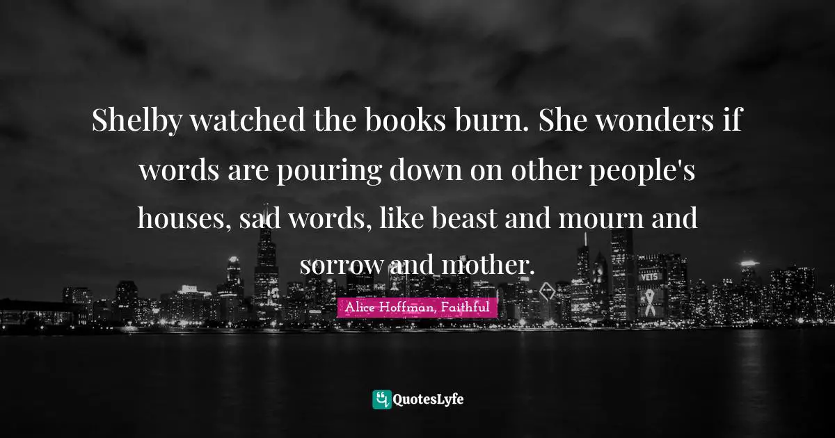 Shelby watched the books burn. She wonders if words are pouring down on other people's houses, sad words, like beast and mourn and sorrow and mother.