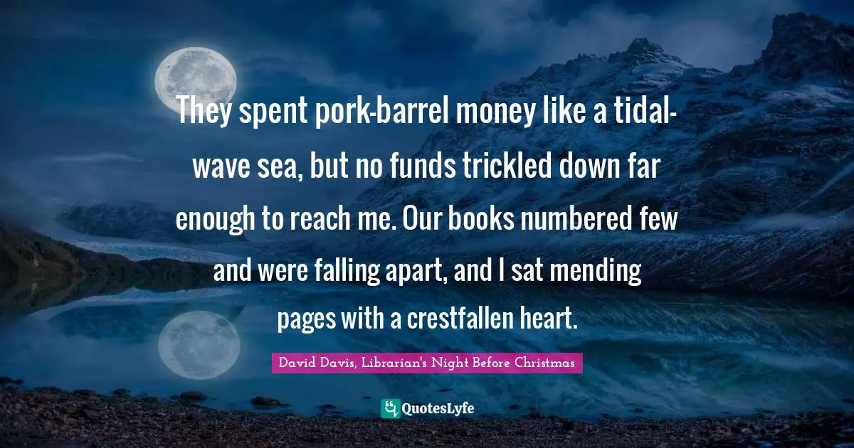David Davis, Librarian's Night Before Christmas Quotes: "They spent pork-barrel money like a tidal-wave sea, but no funds trickled down far enough to reach me. Our books numbered few and were falling apart, and I sat mending pages with a crestfallen heart."