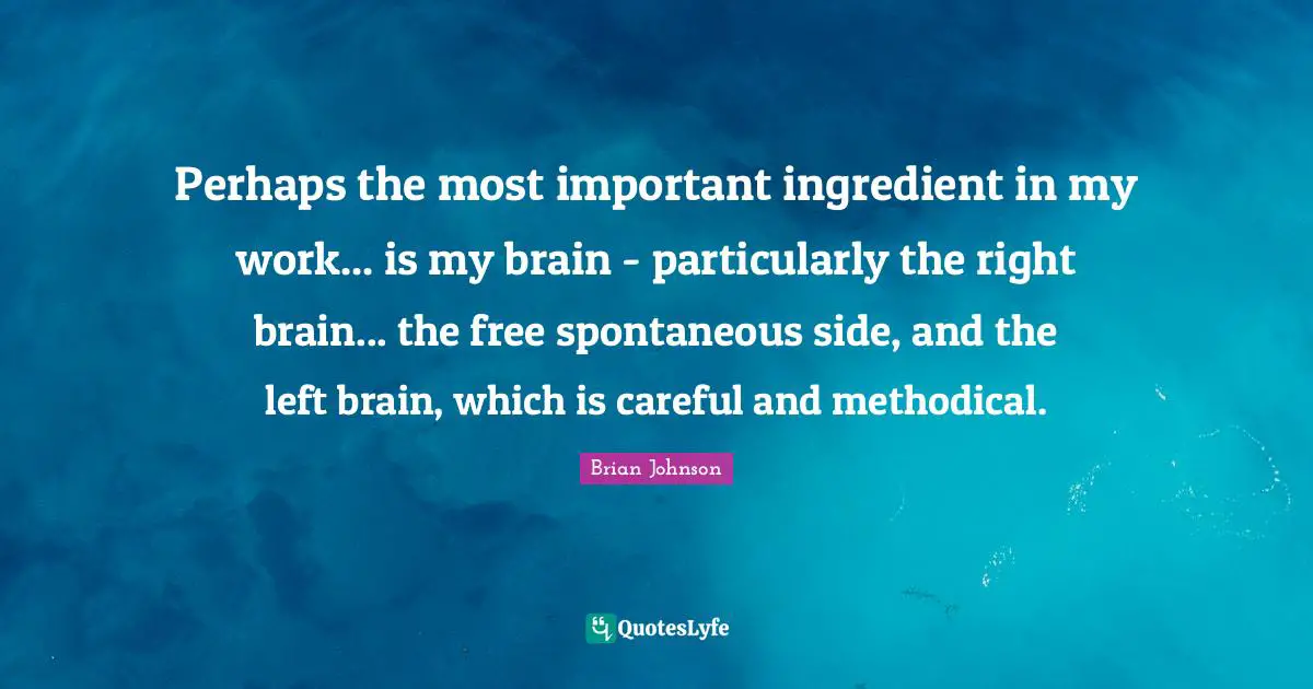 Brian Johnson Quotes: "Perhaps the most important ingredient in my work... is my brain - particularly the right brain... the free spontaneous side, and the left brain, which is careful and methodical."