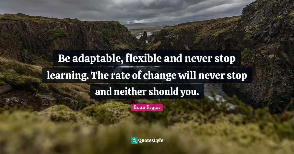 Brian Regan Quotes: "Be adaptable, flexible and never stop learning. The rate of change will never stop and neither should you."