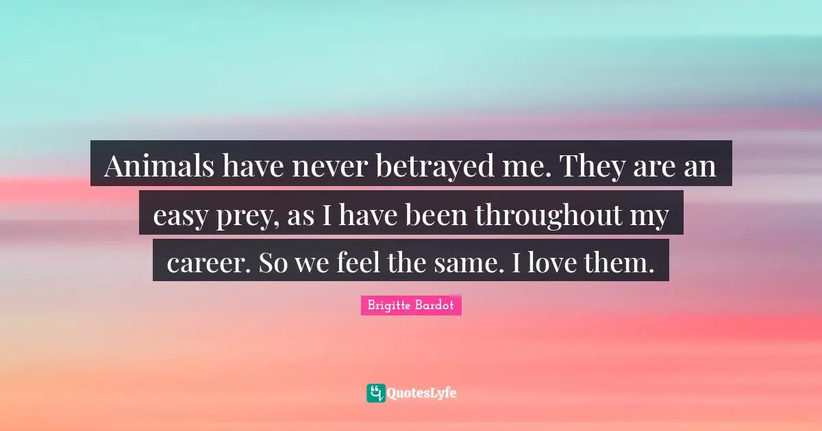 Prey Quotes: "Animals have never betrayed me. They are an easy prey, as I have been throughout my career. So we feel the same. I love them."