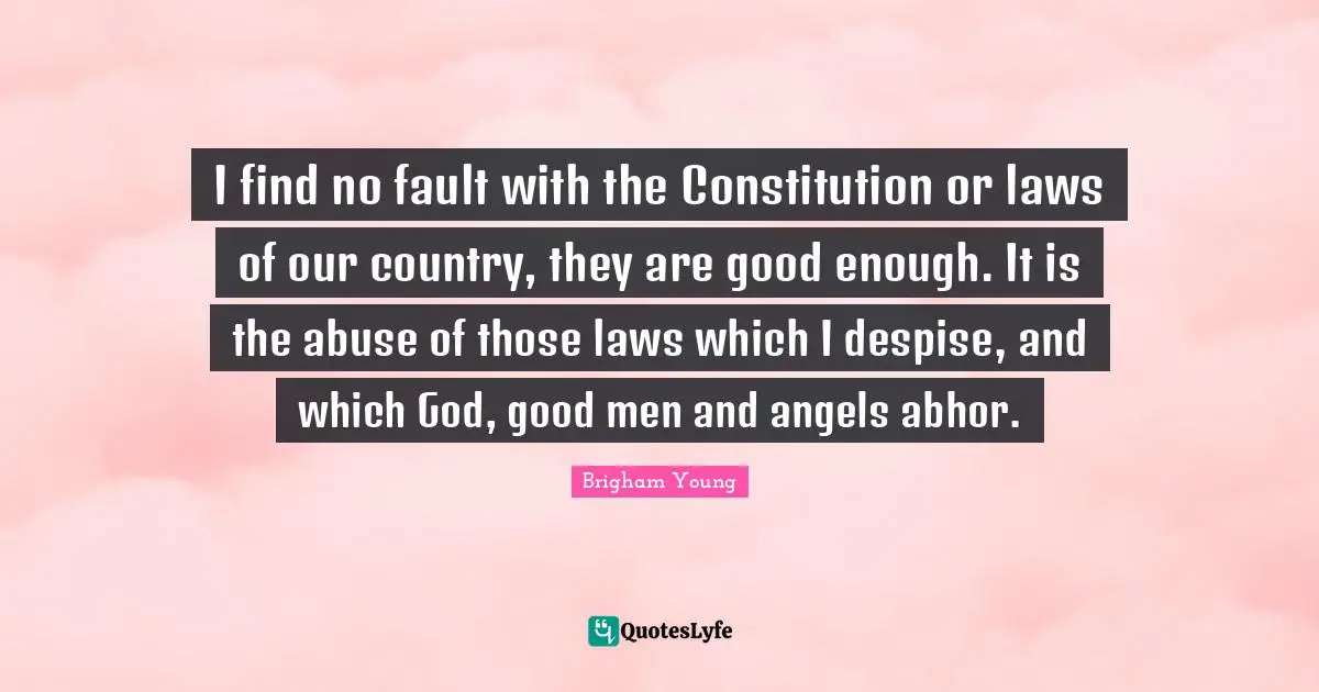 I find no fault with the Constitution or laws of our country, they are good enough. It is the abuse of those laws which I despise, and which God, good men and angels abhor.