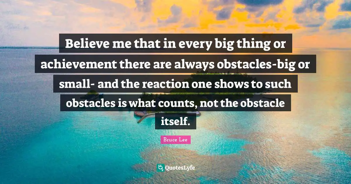 Believe me that in every big thing or achievement there are always obstacles-big or small- and the reaction one shows to such obstacles is what counts, not the obstacle itself.