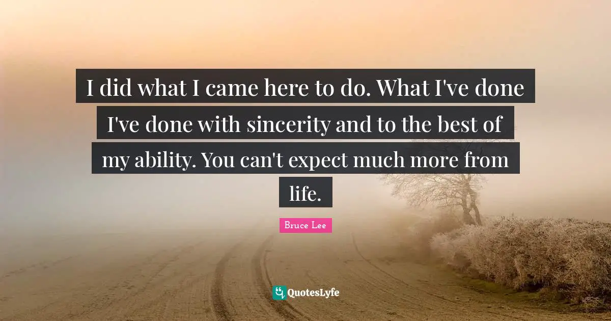 I did what I came here to do. What I've done I've done with sincerity and to the best of my ability. You can't expect much more from life.