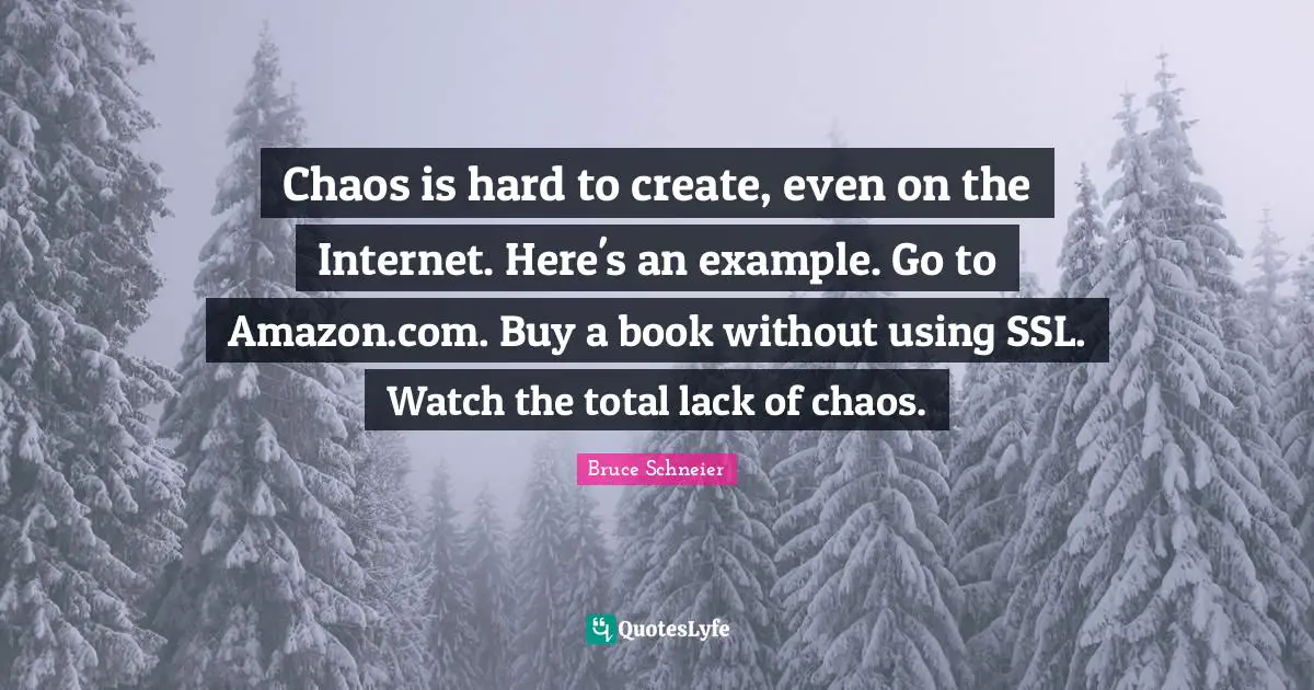 Bruce Schneier Quotes: "Chaos is hard to create, even on the Internet. Here's an example. Go to Amazon.com. Buy a book without using SSL. Watch the total lack of chaos."