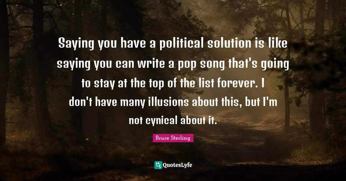 Saying you have a political solution is like saying you can write a pop song that's going to stay at the top of the list forever. I don't have many illusions about this, but I'm not cynical about it.