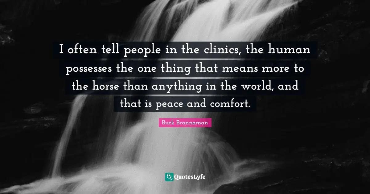 Buck Brannaman Quotes: "I often tell people in the clinics, the human possesses the one thing that means more to the horse than anything in the world, and that is peace and comfort."