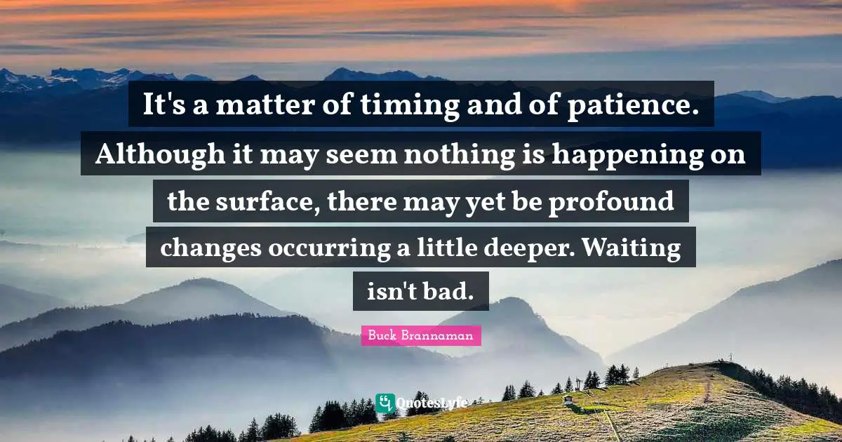 Buck Brannaman Quotes: "It's a matter of timing and of patience. Although it may seem nothing is happening on the surface, there may yet be profound changes occurring a little deeper. Waiting isn't bad."