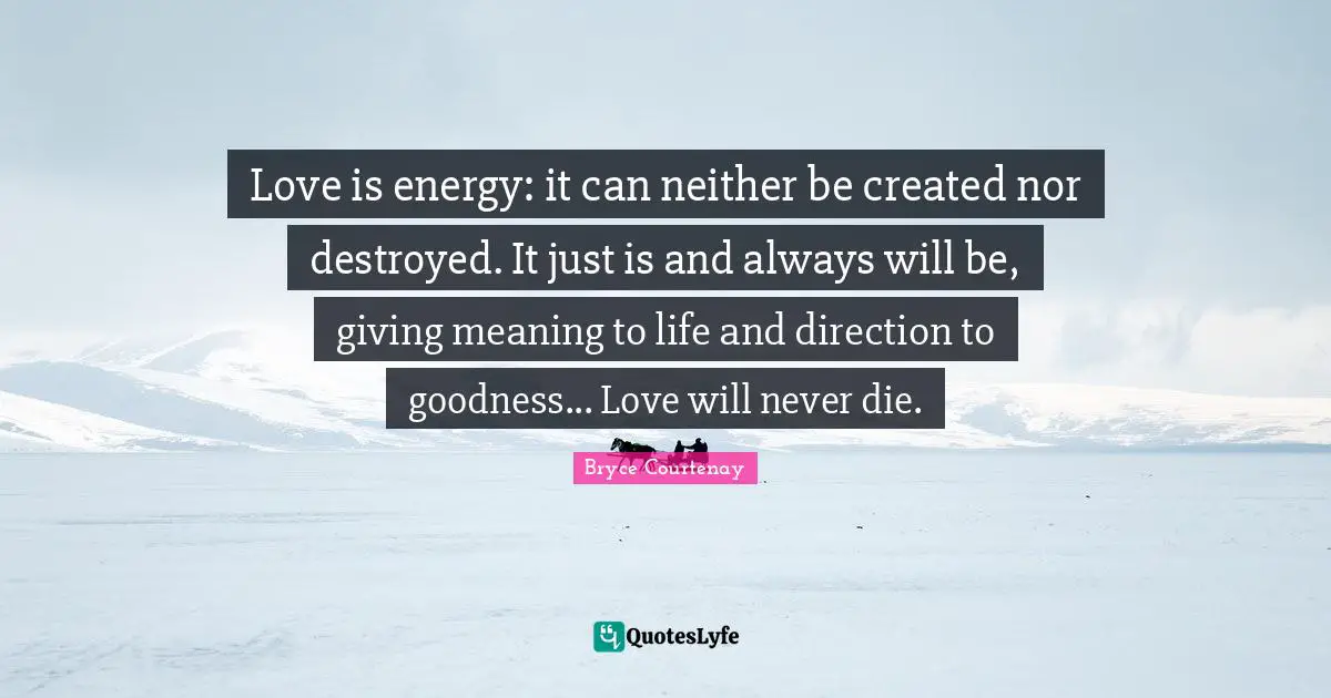 Love is energy: it can neither be created nor destroyed. It just is and always will be, giving meaning to life and direction to goodness... Love will never die.