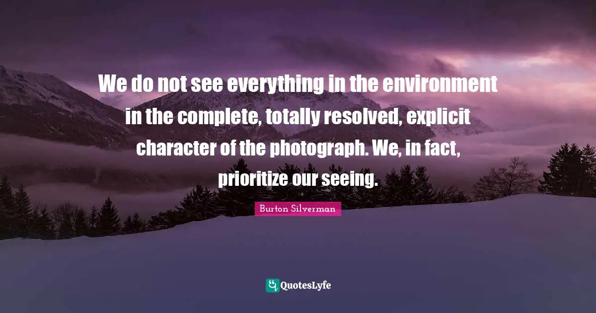Explicit Quotes: "We do not see everything in the environment in the complete, totally resolved, explicit character of the photograph. We, in fact, prioritize our seeing."