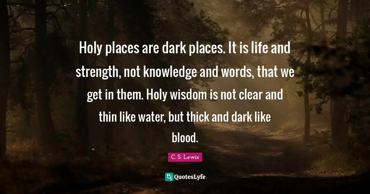 Holy places are dark places. It is life and strength, not knowledge and words, that we get in them. Holy wisdom is not clear and thin like water, but thick and dark like blood.