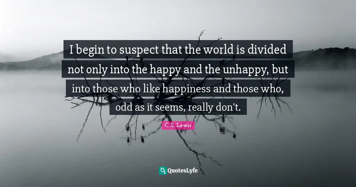 I begin to suspect that the world is divided not only into the happy and the unhappy, but into those who like happiness and those who, odd as it seems, really don't.