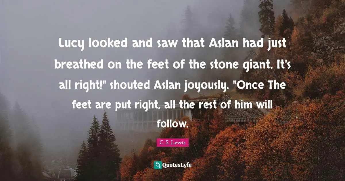 Lucy looked and saw that Aslan had just breathed on the feet of the stone giant. It's all right!" shouted Aslan joyously. "Once The feet are put right, all the rest of him will follow.